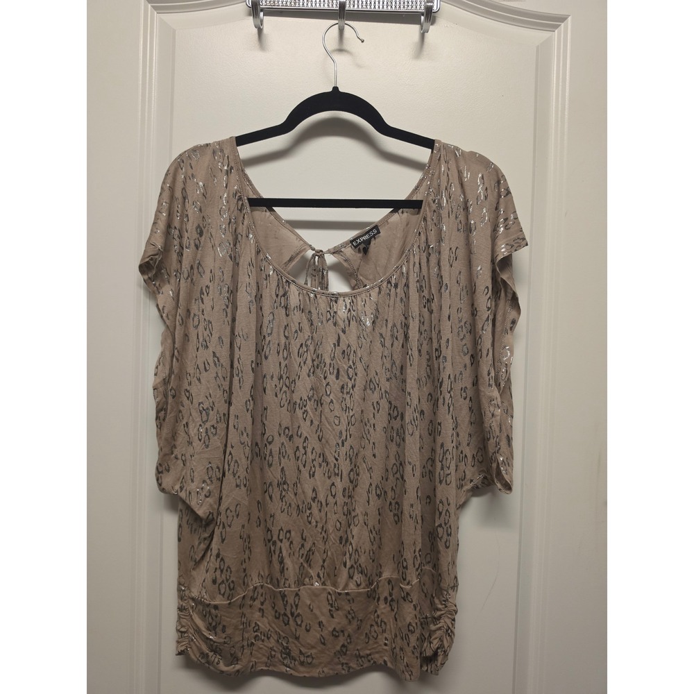 Express Women Tan Silver Foil Leopard Open Back Tie Top 7962-028 Large NWT